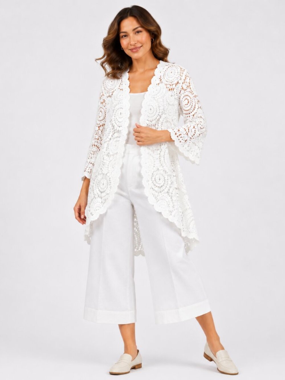 Nina Leonard White Crochet Bell Sleeve High Low Cardigan NWOT